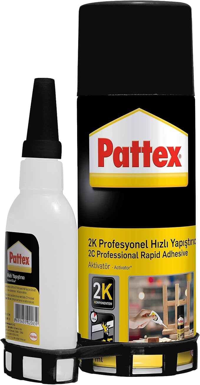 Pattex 2K Profesyonel Hızlı Yapıştırıcı, Çift Komponentli Yapıştırıcı, Görünmez Onarım için Şeffaf, Isıya Dayanıklı Güçlü Yapıştırıcı, 400ml Aerosol+ Net 70 Ml Siyano Yapıştırıcı