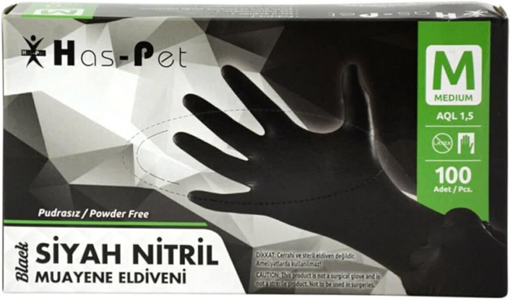 HAS-PET ELDİVEN NİTRİL EXTRA KALIN SİYAH M BEDEN 50 Lİ